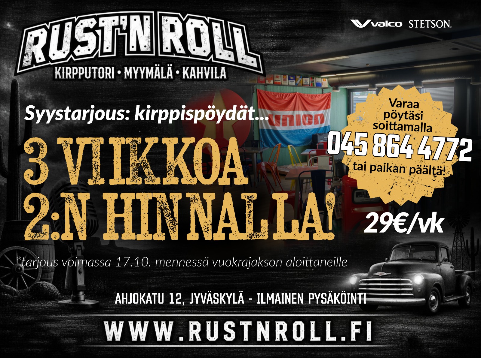 Rust'n Roll - kirpputori, myymälä ja kahvila, Ahjokatu 12, avoinna tiistaista lauantaihin klo 11-17